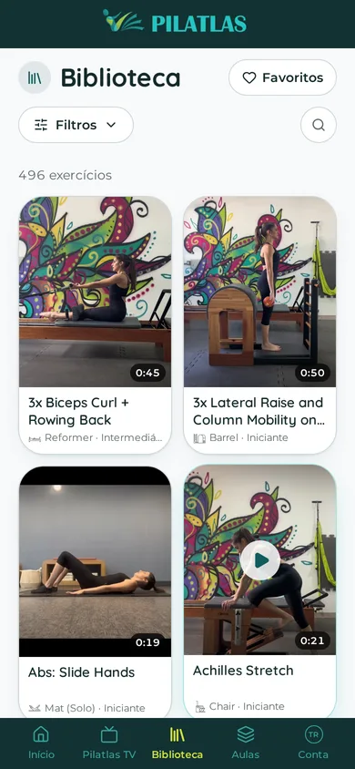 Pilatlas library screen showing exercises in a grid